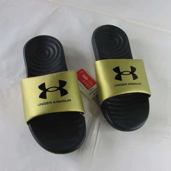 NWT Women's Size 6 Under Armour Ansa Slide Sandals - Gold/Black - Picture 1 of 4